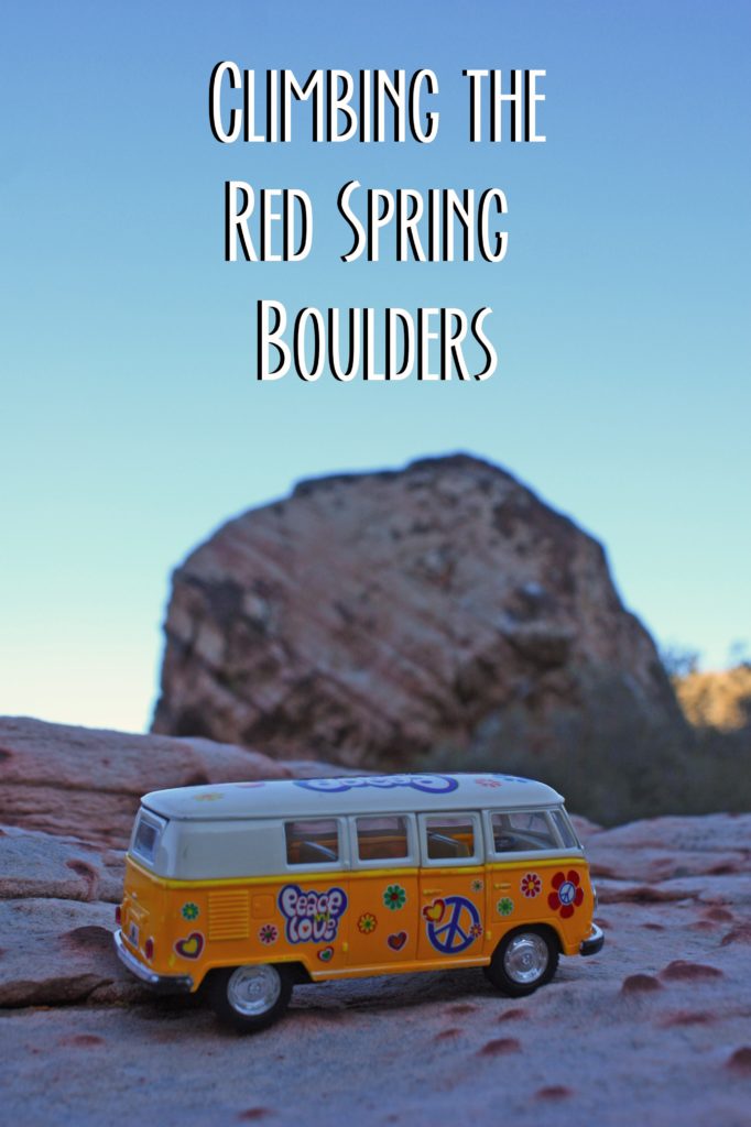 yellow van with rock in background and text: Climbing the Red Spring Boulders