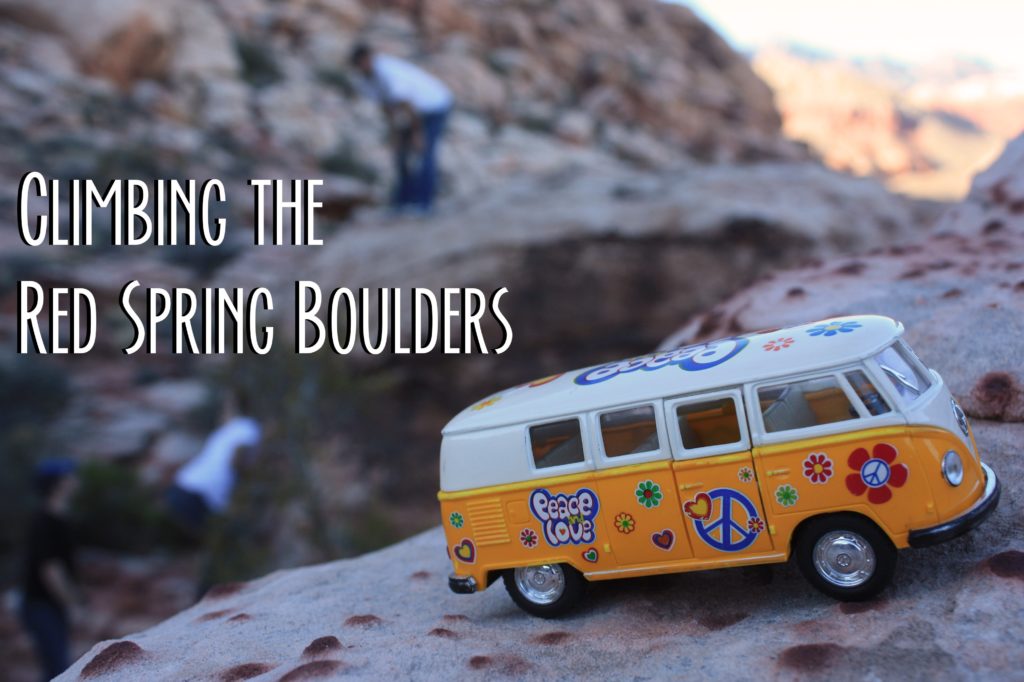 Yellow Van on a rock with climbers in the back ground and text: Climbing the Red Spring Boulders