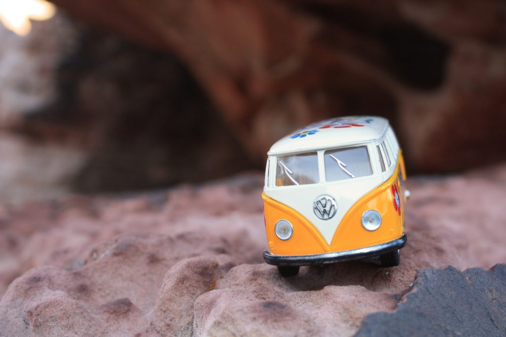 The yellow van near the cave at the Red Spring Boulders