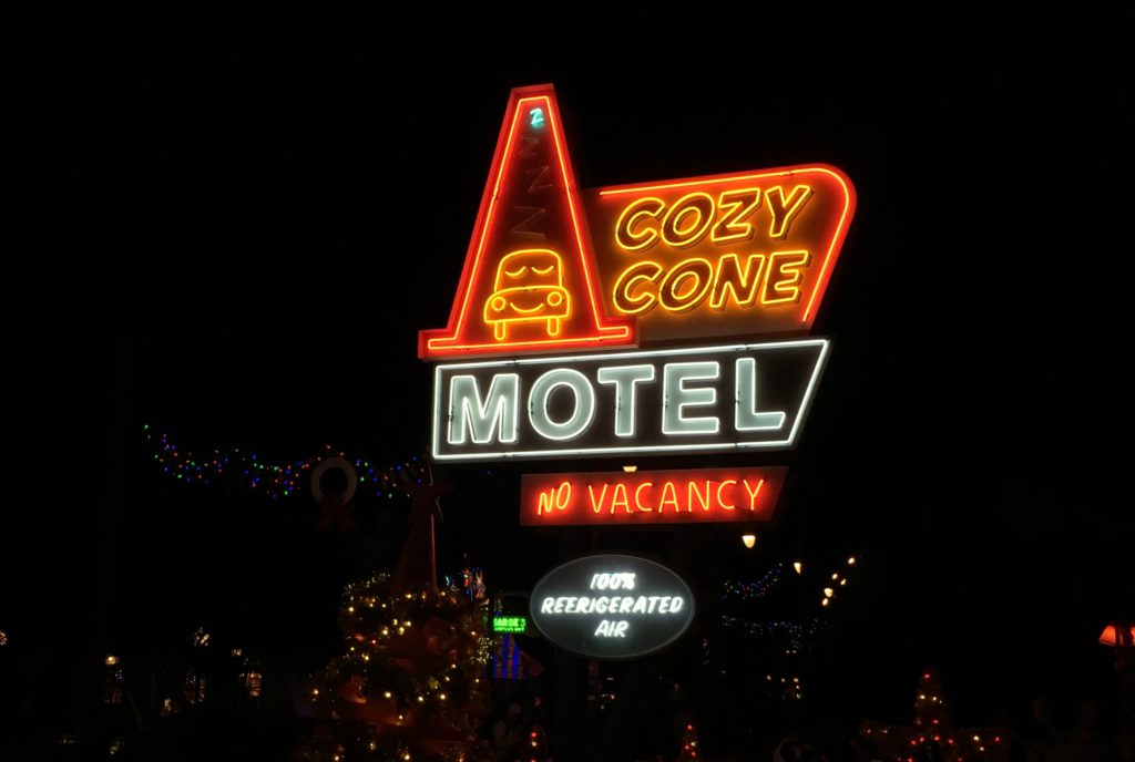 The neon sign for the Cozy Cone Motel in Cars Land