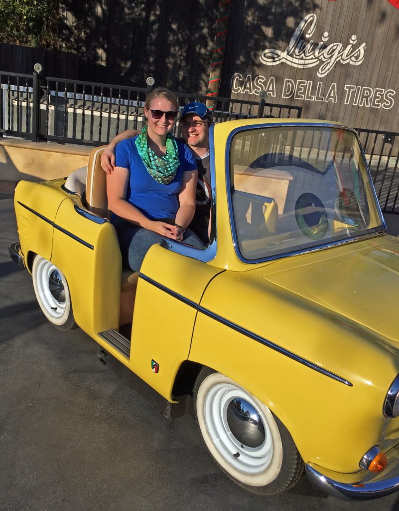 Meagan and Ben riding the Rollickin Roadsters in Cars Land