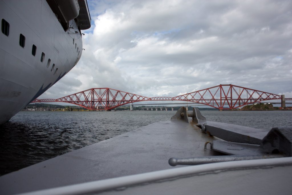 view from the tender boat leaving the ship at South Queensferry