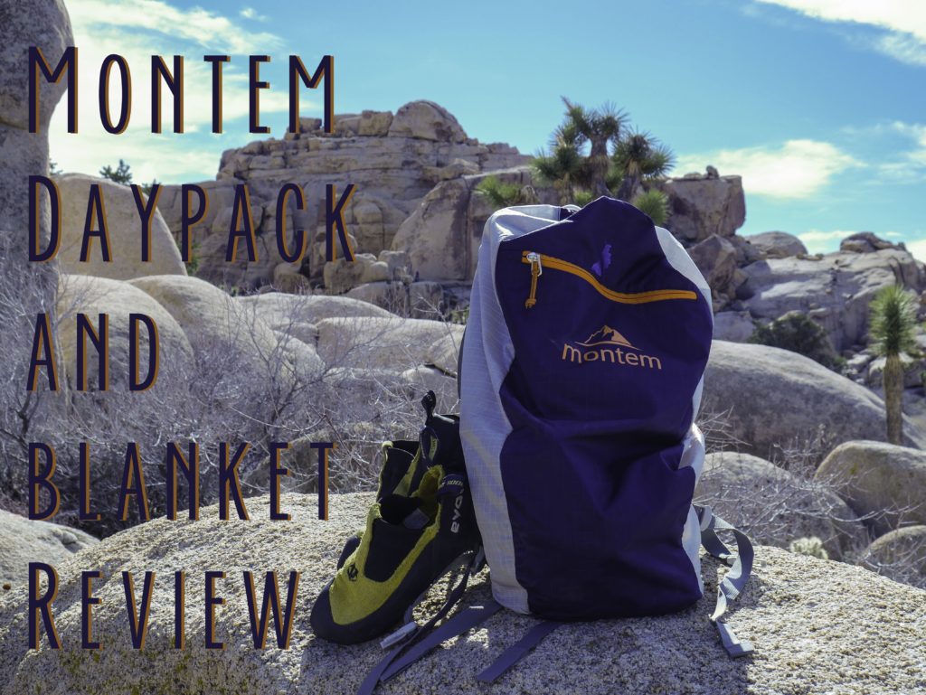 Title card saying Montem daypack and blanket review showing the montem diadem pack at Joshua Tree national park