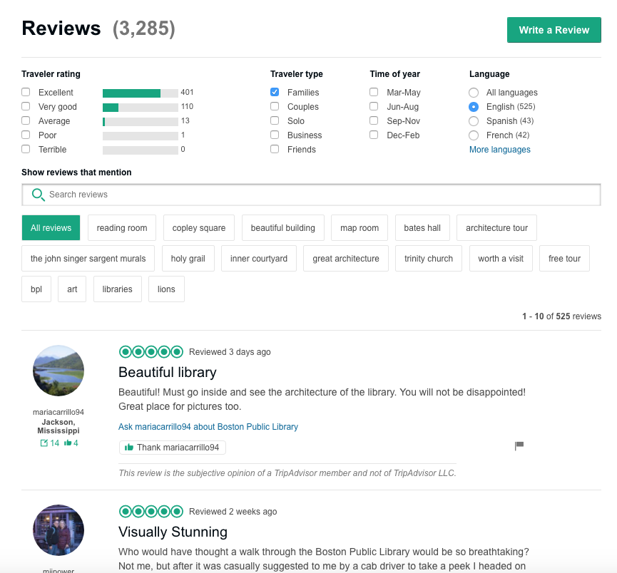 Screenshot of tripadvisor reviews with the family filter selected.