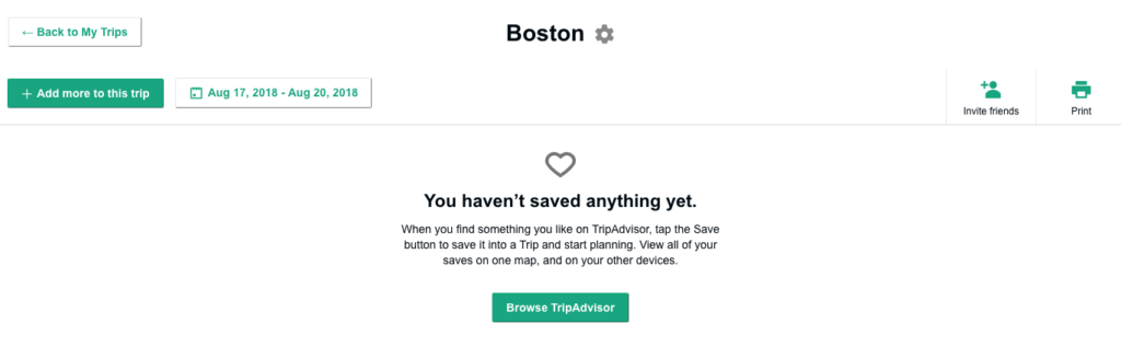 screenshot showing an empty trip