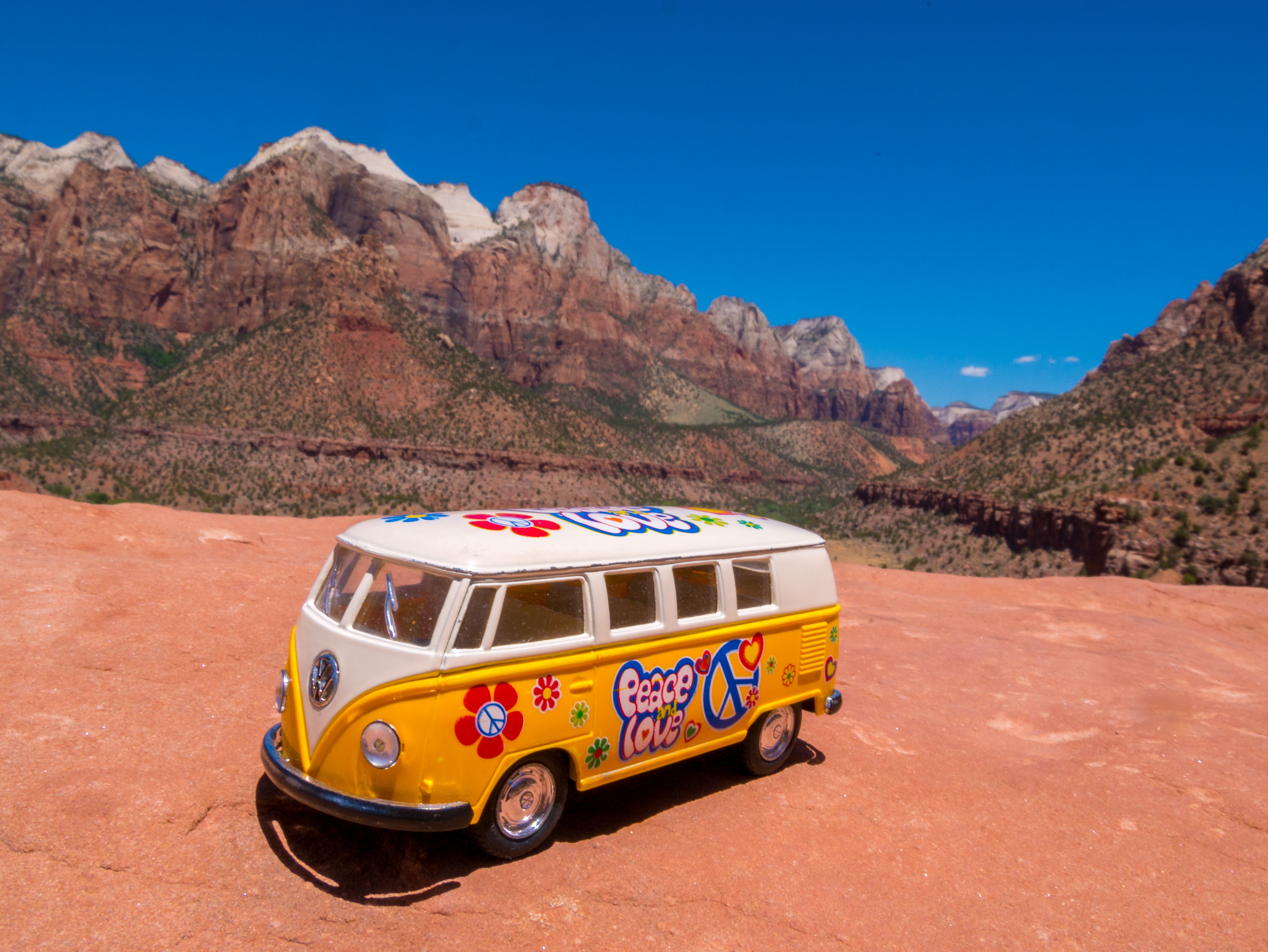 The yellow van at the end of the Watchman Trail at Zion National Park