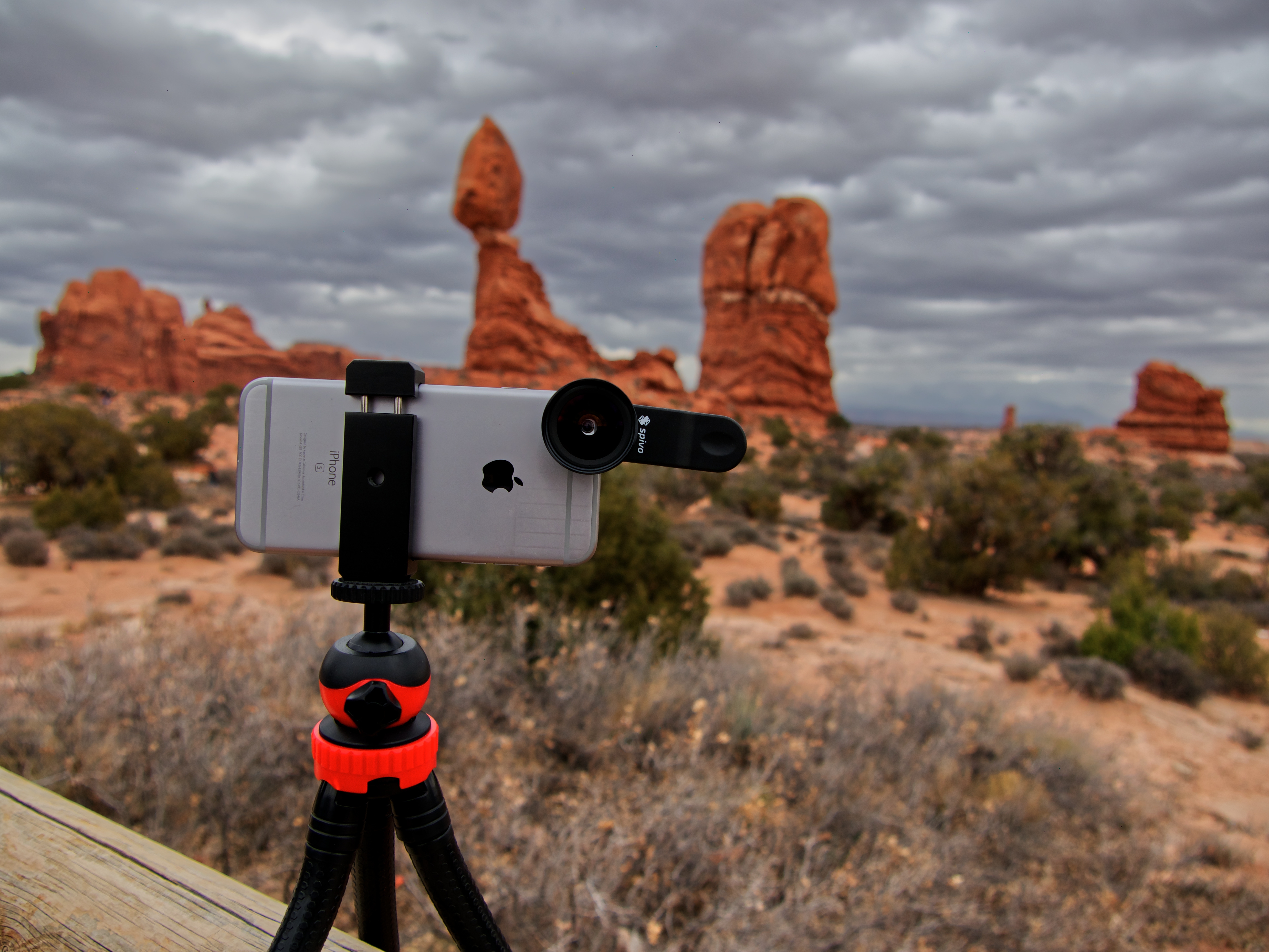 Spivo flexible tripod holding a phone at Balanced Rock in Arches