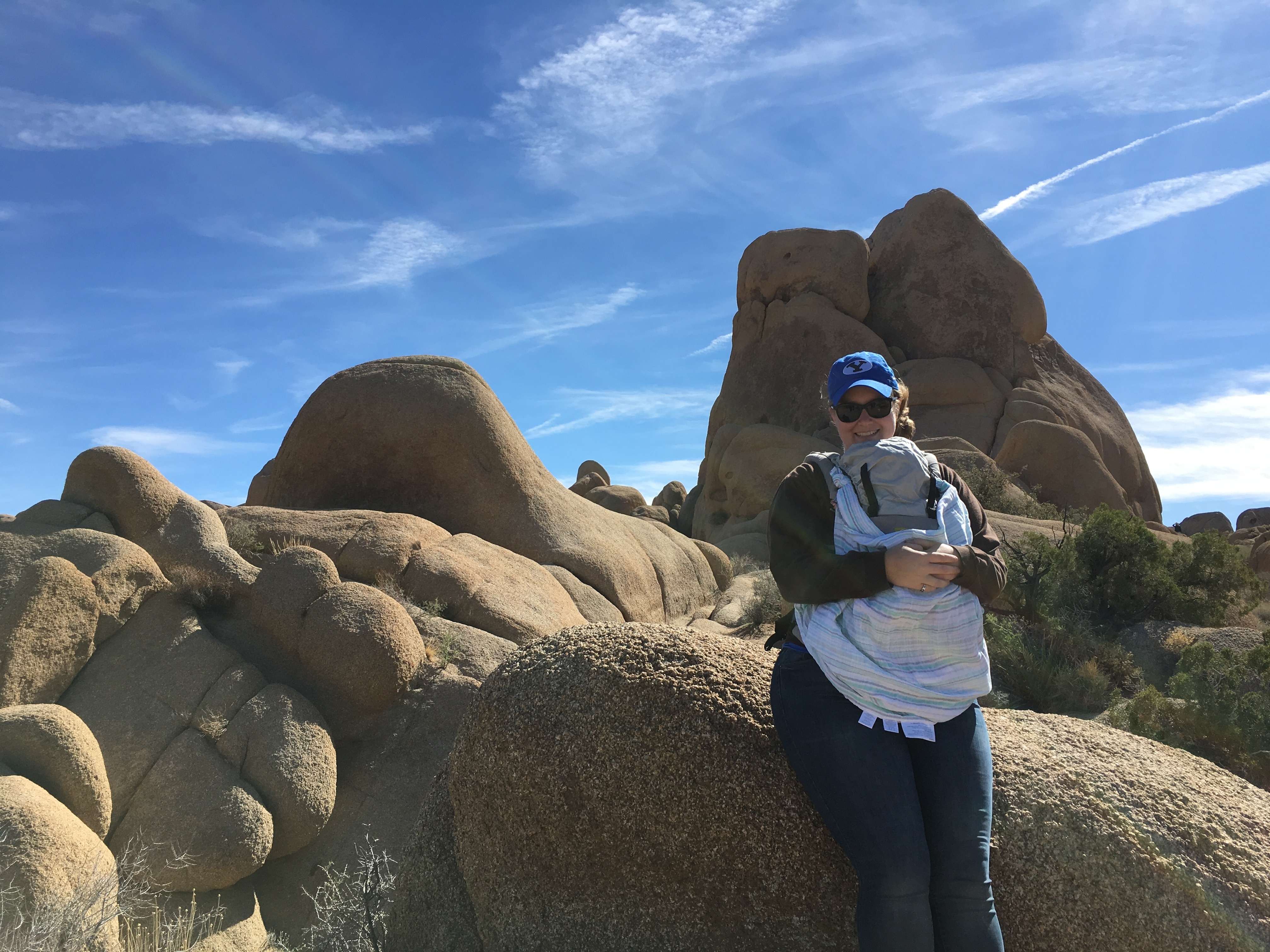 Meagan hiking with a baby at Joshua Tree