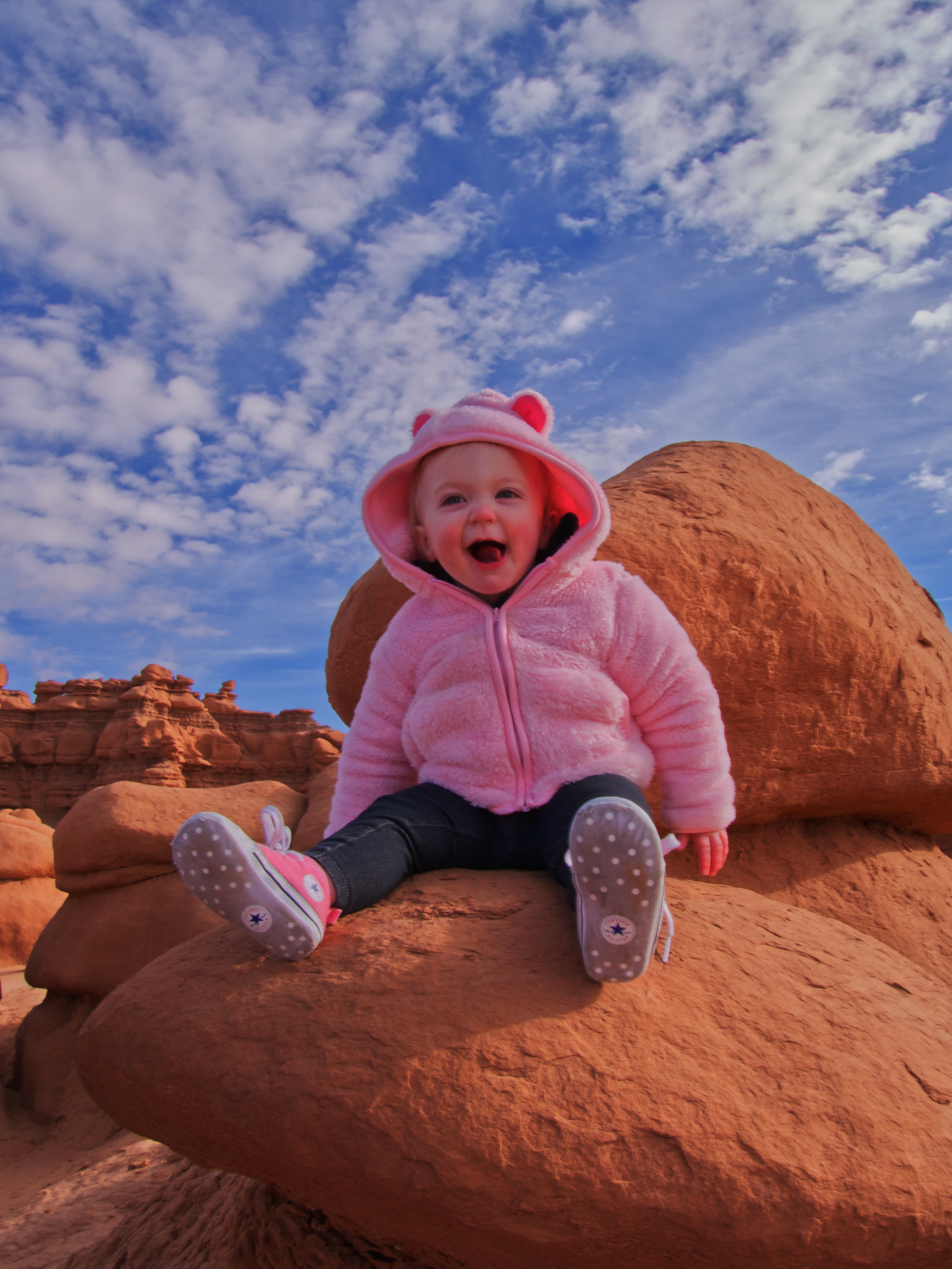 Baby on a hike at Goblin Valley