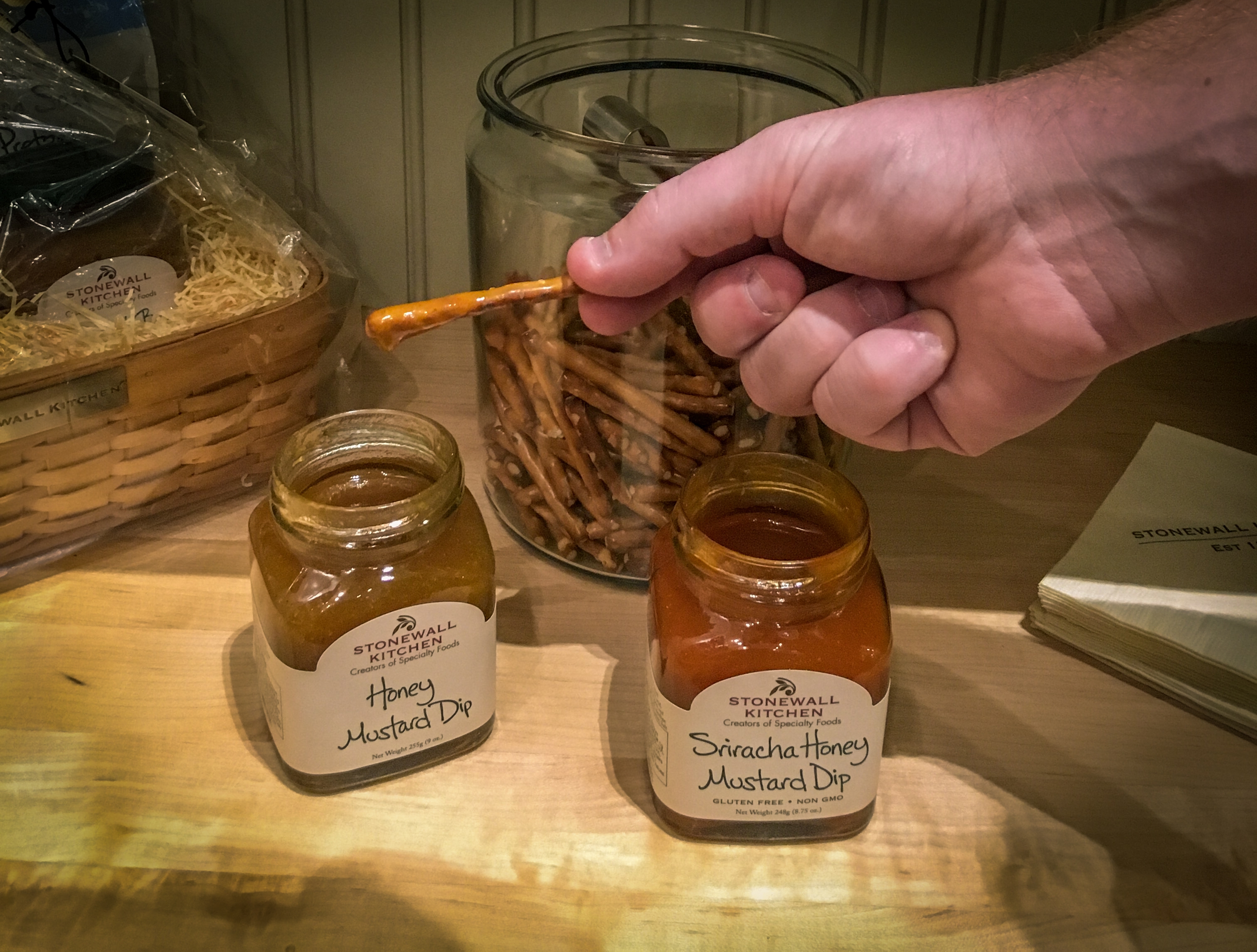 Sampling honey dips at the Stonewall Kitchen in Maine