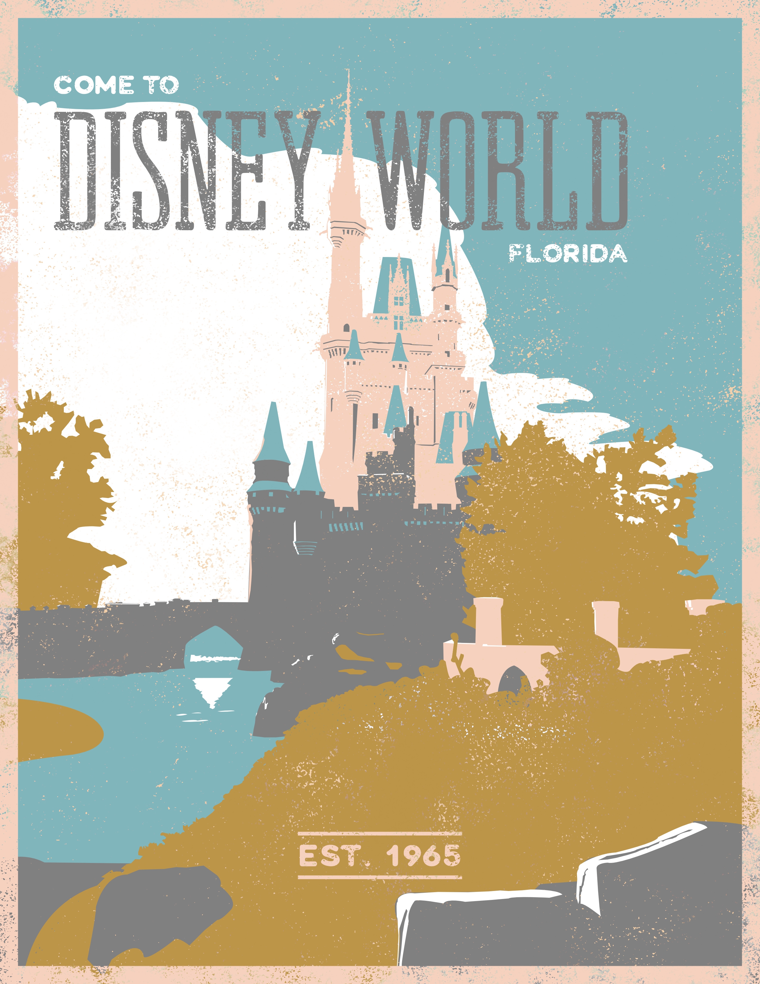 Retro style travel poster of the Cinderella Castle in Disney World