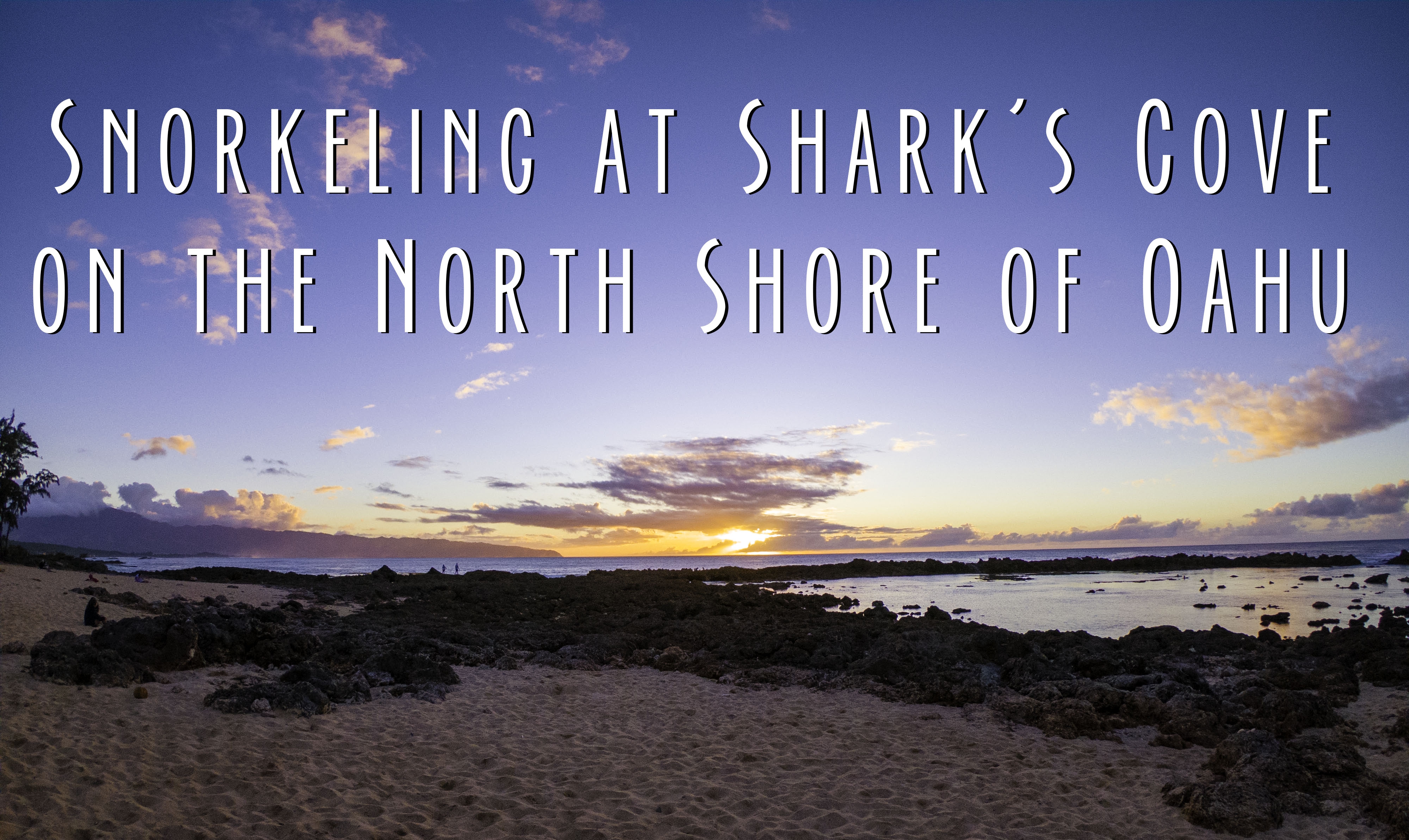 Title card showing shark's cove at sunset withe the text: Snorkeling at Shark's Cove on the North Shore of Oahu