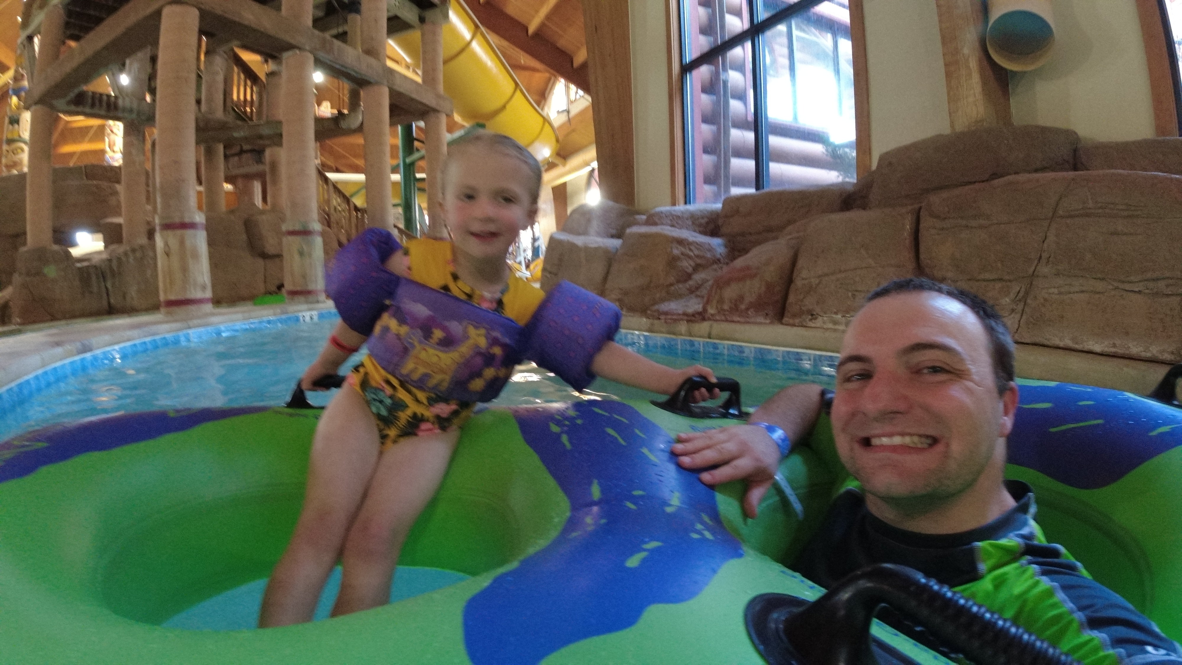 Lucy and Ben in the lazy river at the Great Wolf Lodge at Wisconsin Dells