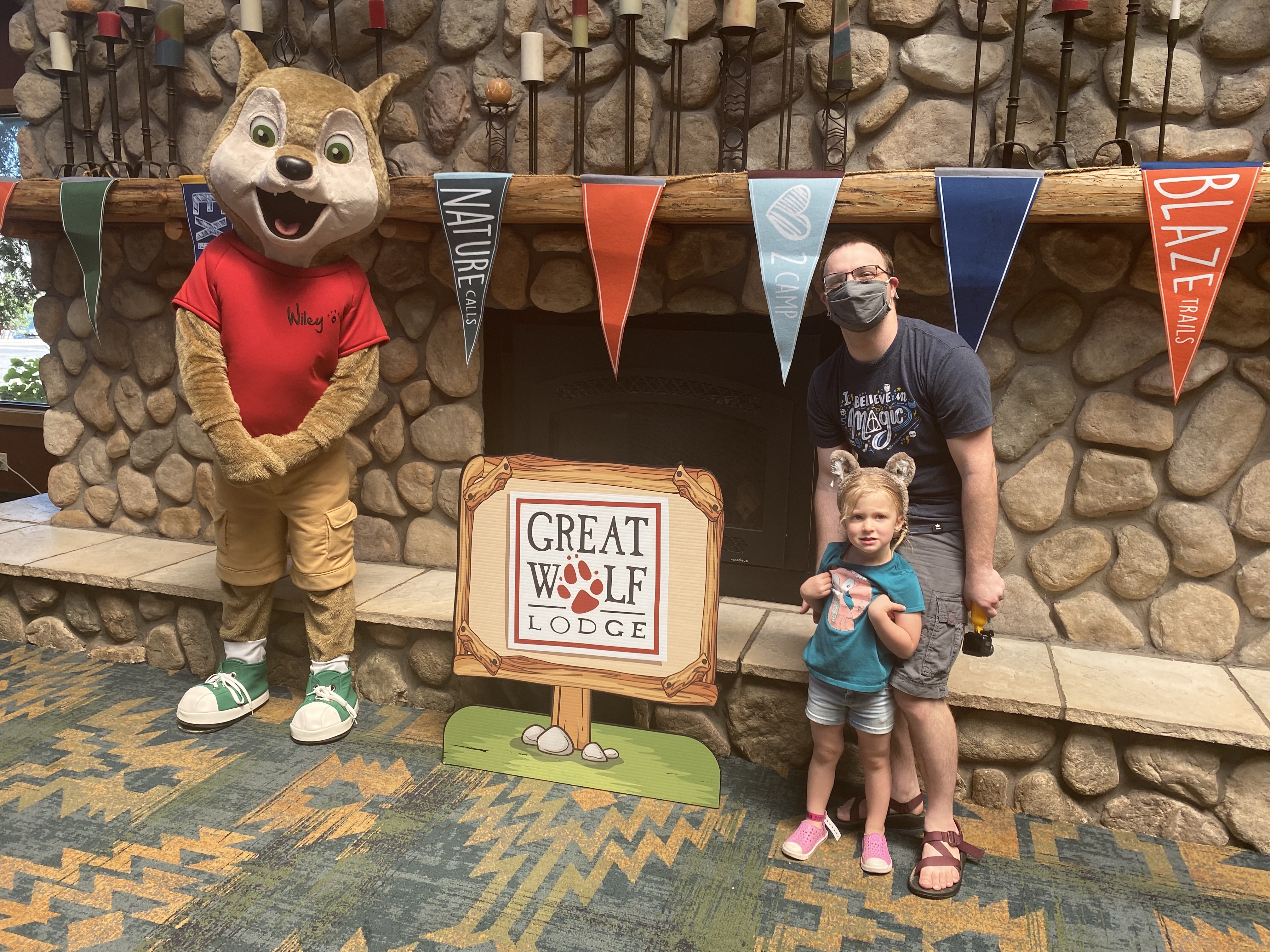 Lucy and Ben with Wiley the Wolf at the Great Wolf Lodge at Wisconsin Dells